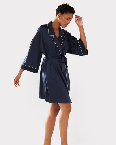Navy Satin Lace Trim Dressing Gown